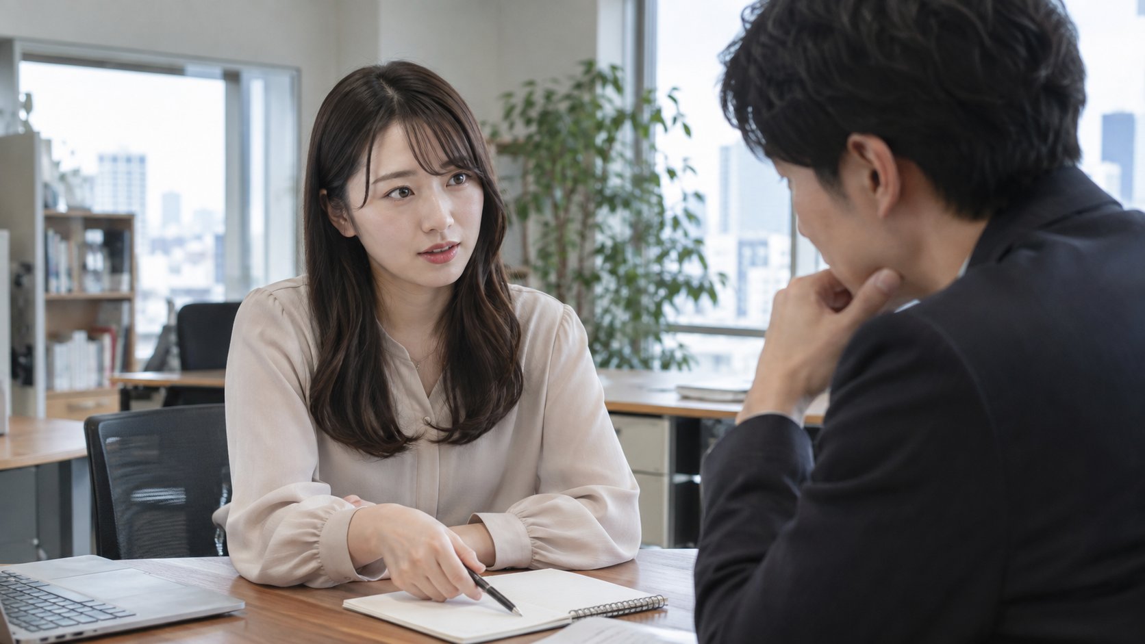 仕事の相談をしながら、適度な距離を保って会話する男女