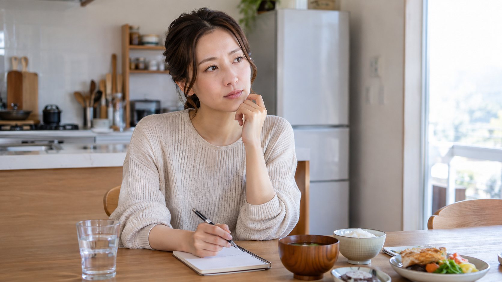 自宅で食事と体調についてメモする女性のイメージ