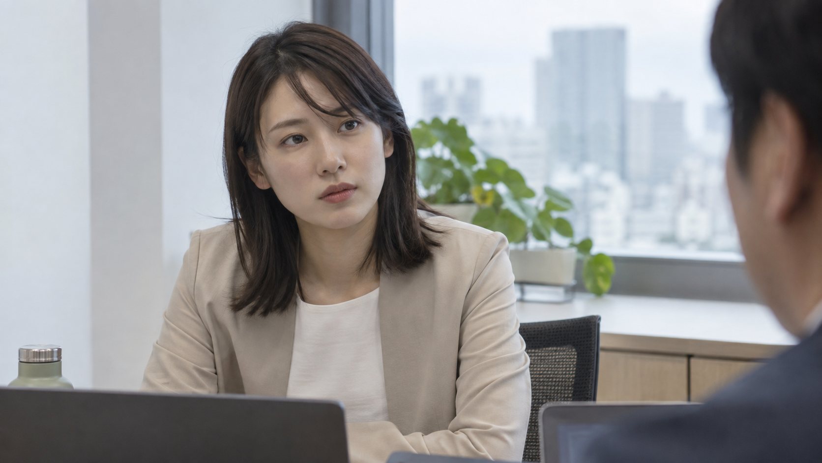 職場で同僚の話を真剣な表情で聞く女性