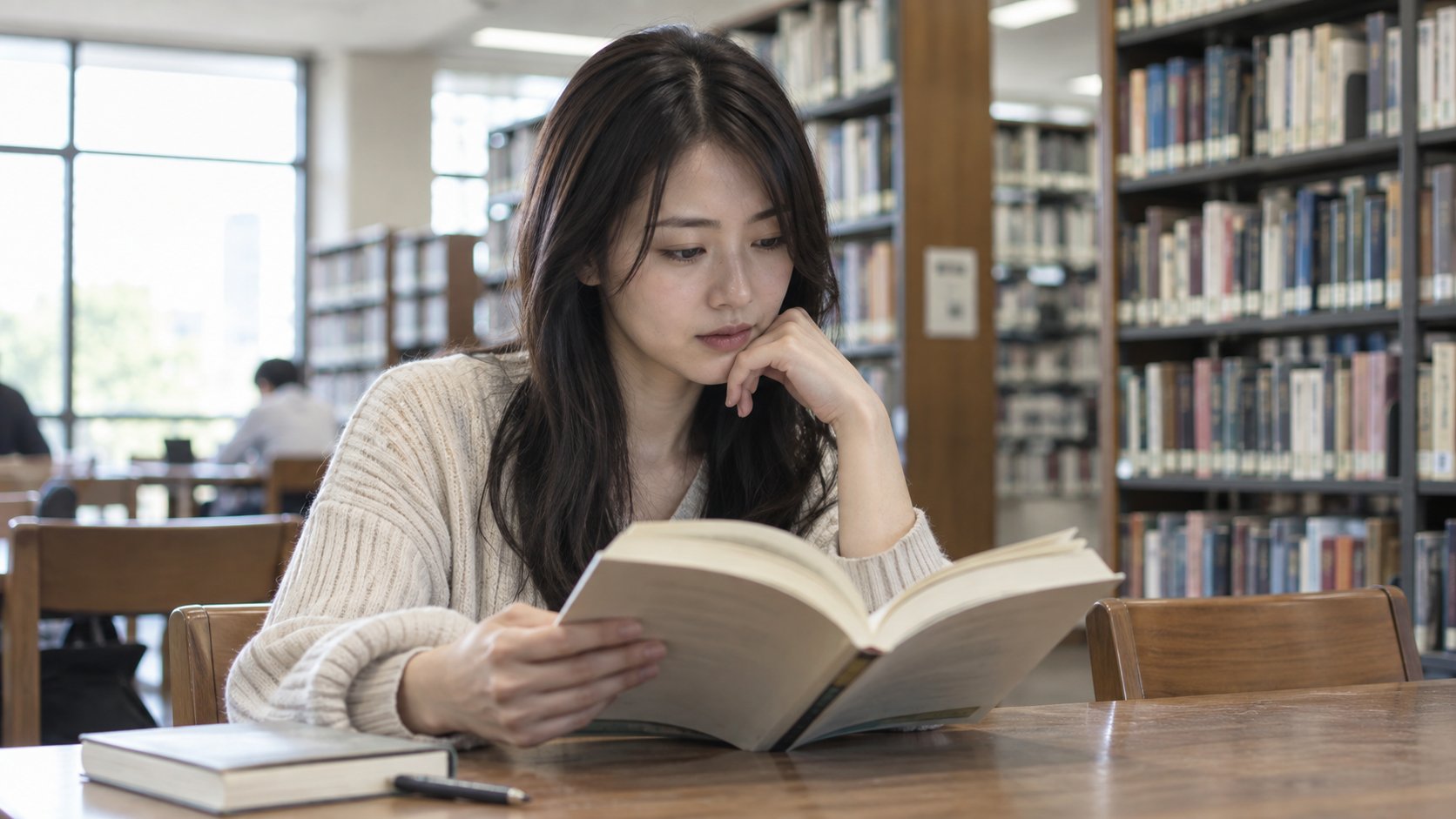 資料を読み、脳の研究と日常の会話について考える女性
