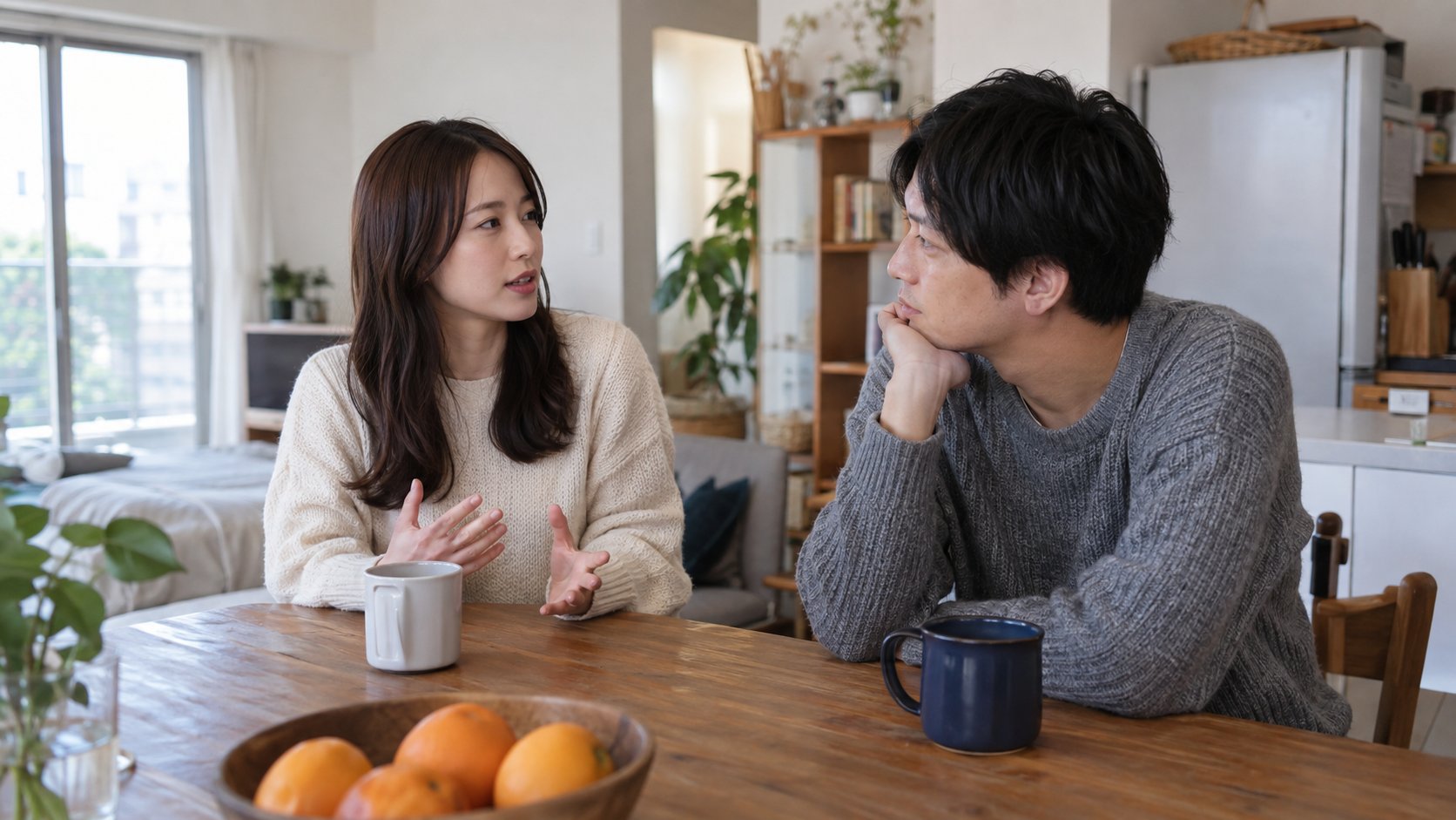 食卓で互いの考えを穏やかに話し合う男女