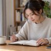 手帳を開いて自分の予定を確認する女性