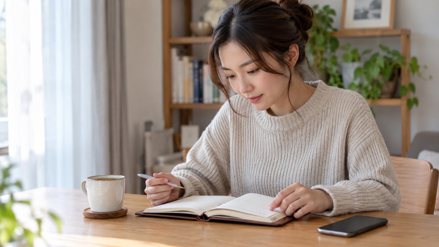 手帳を開いて自分の予定を確認する女性