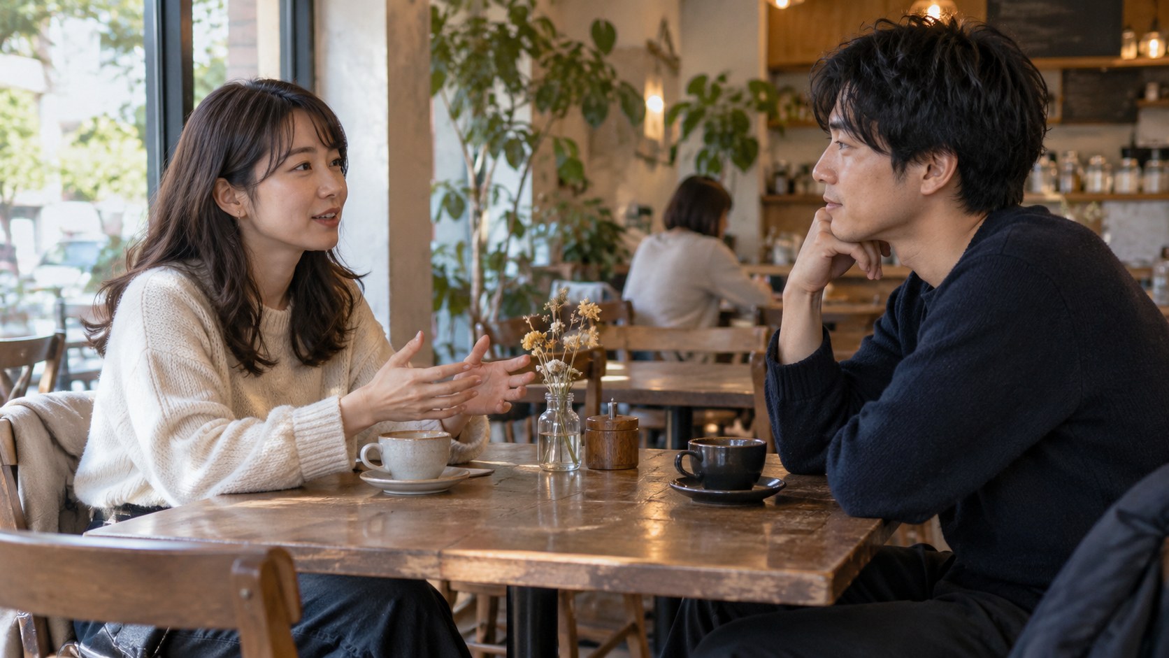 カフェで互いの希望を落ち着いて話す男女
