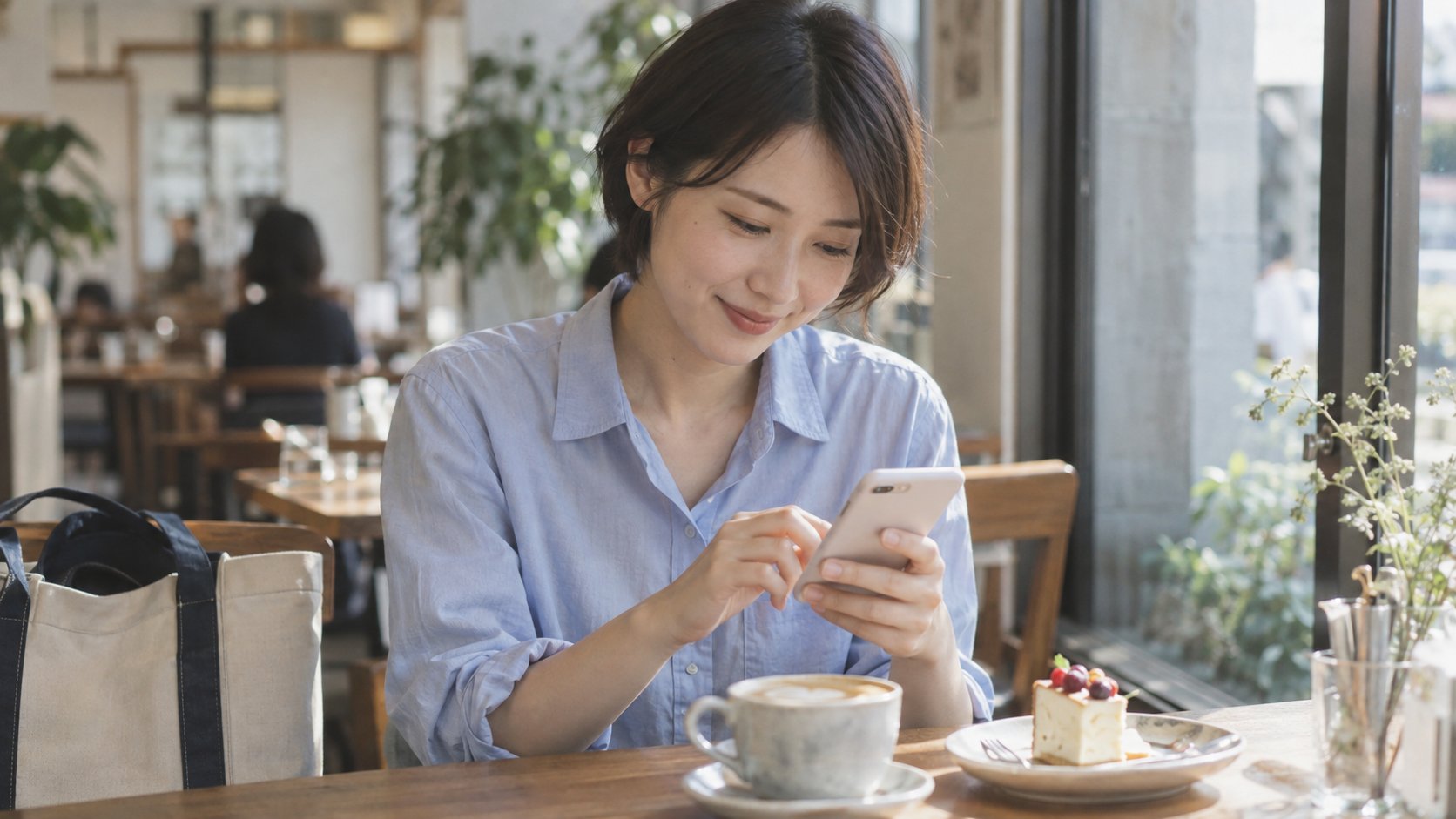 カフェでスマートフォンにメッセージを入力する女性