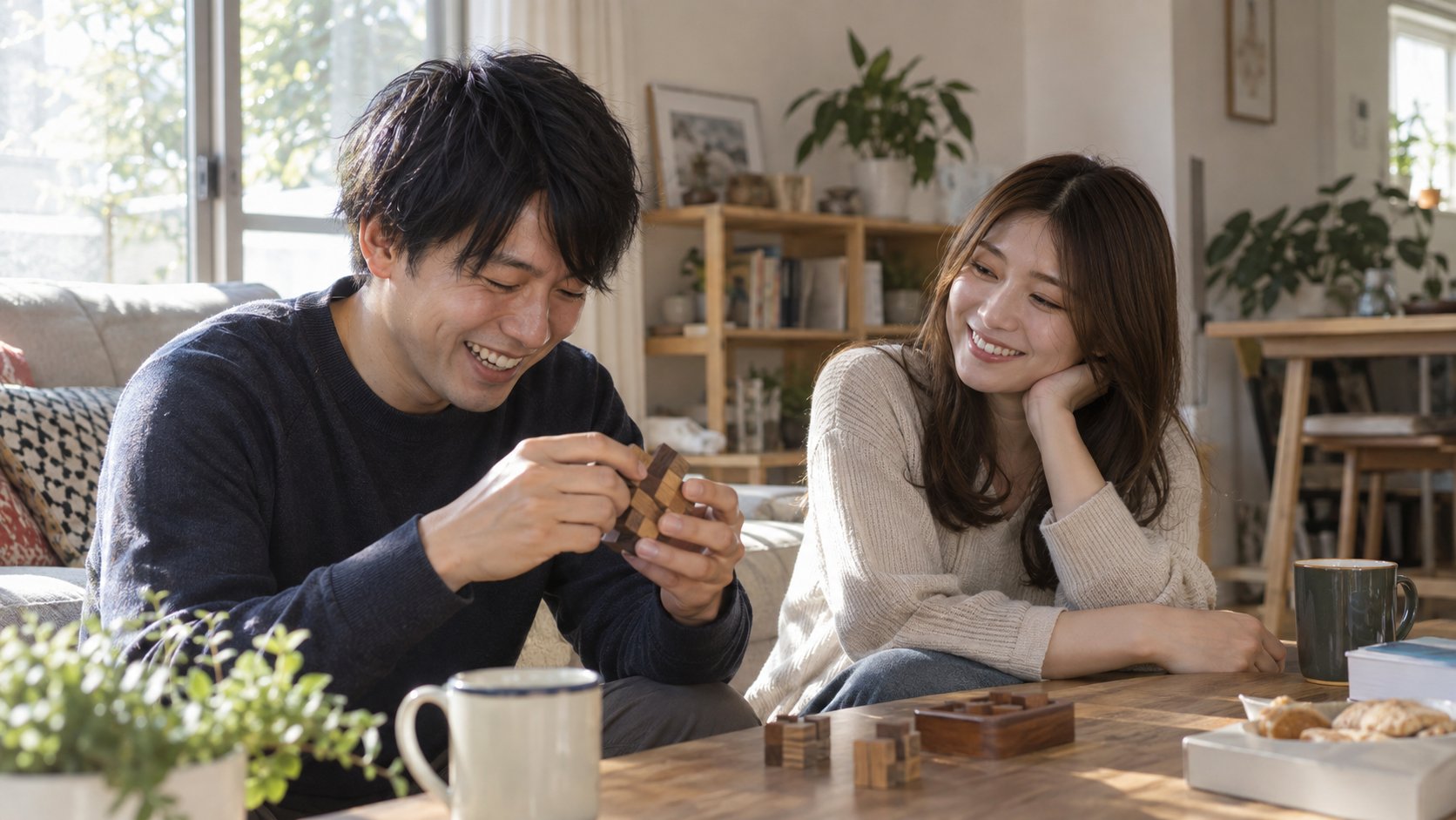 休日に一緒に過ごし、彼氏の表情を見て微笑む女性