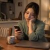 夜の自宅でスマートフォンを確認する女性