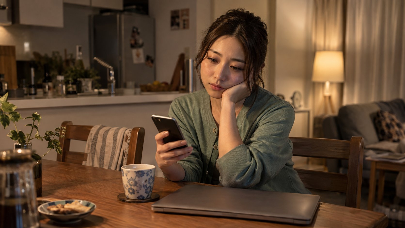 夜の自宅でスマートフォンを確認する女性