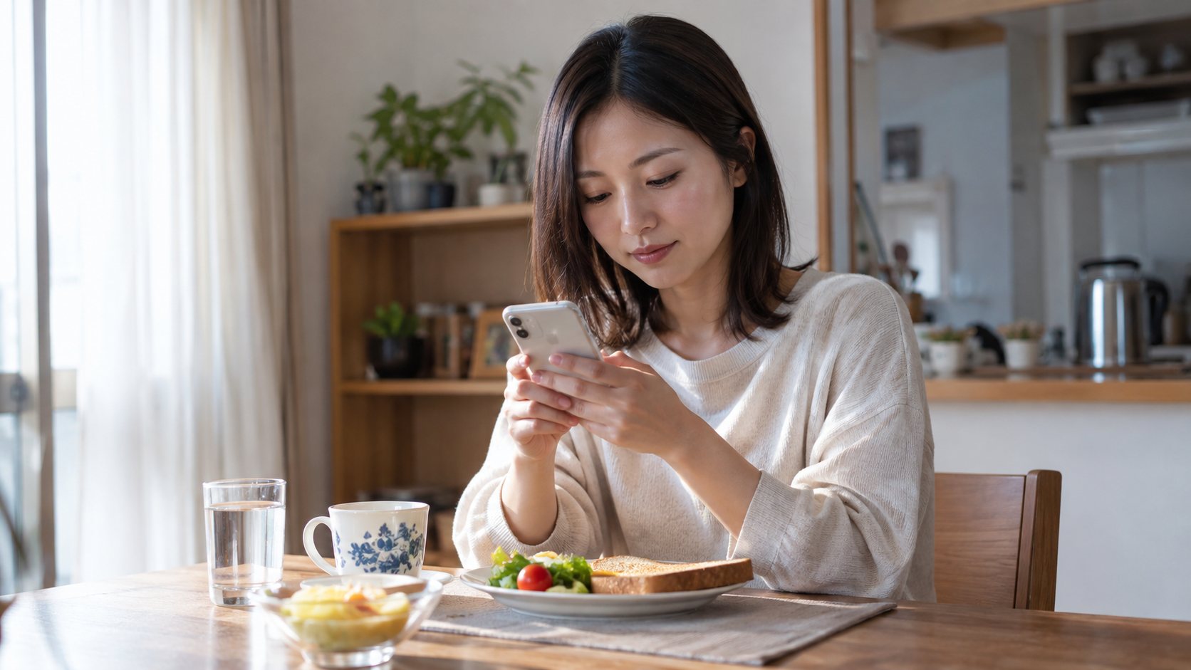 明るい朝の食卓でスマートフォンを確認する女性