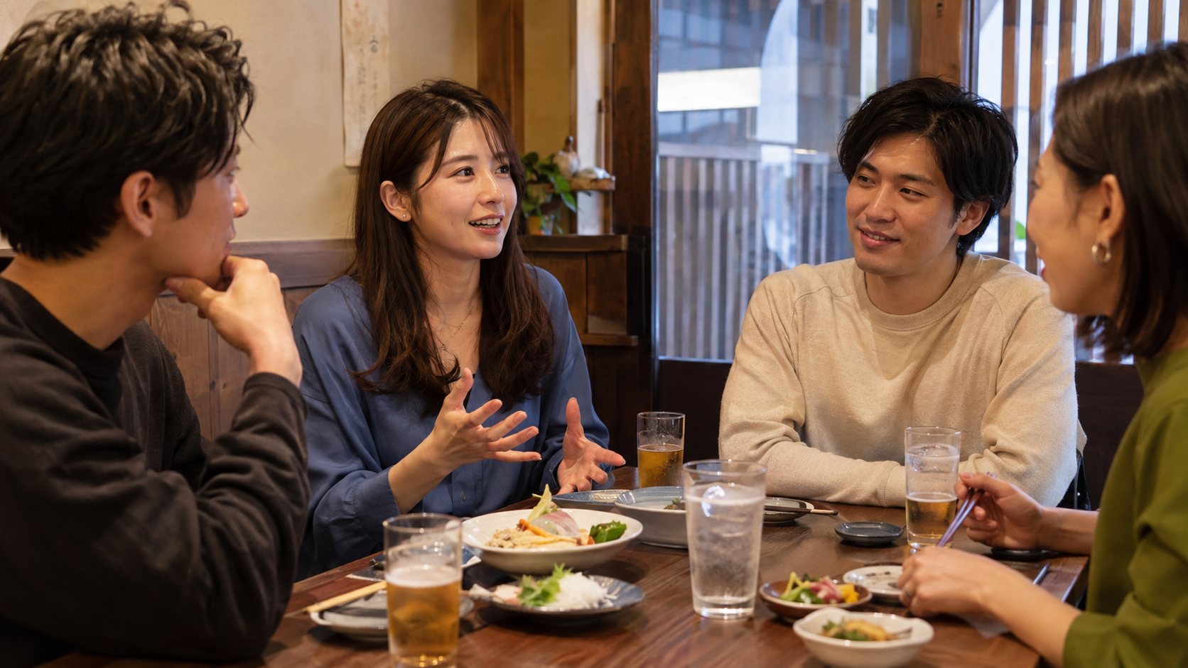 水も用意された食事の席で友人たちと話す女性