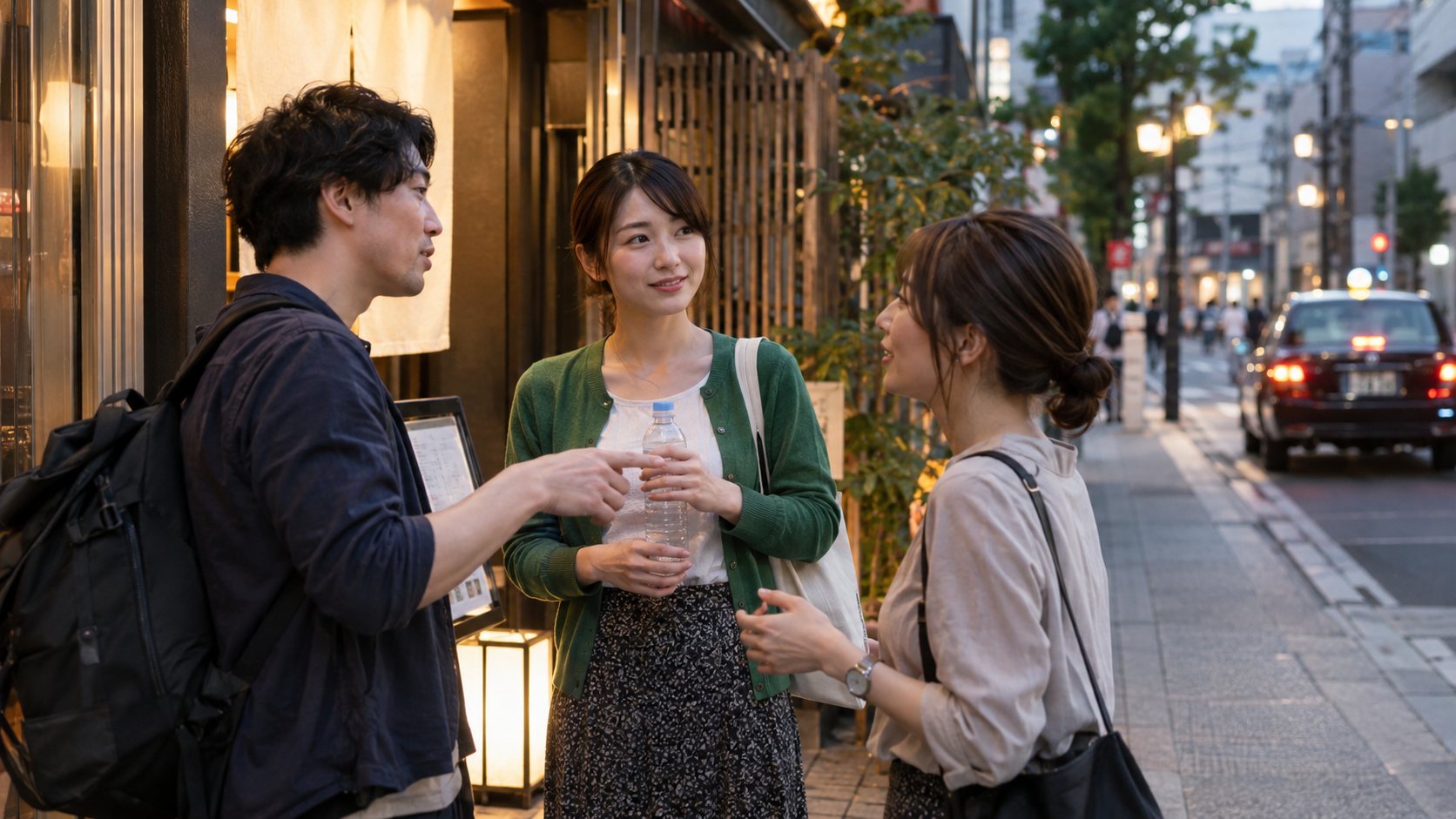 飲食店の前で水を持ち、友人と帰りの予定を相談する女性