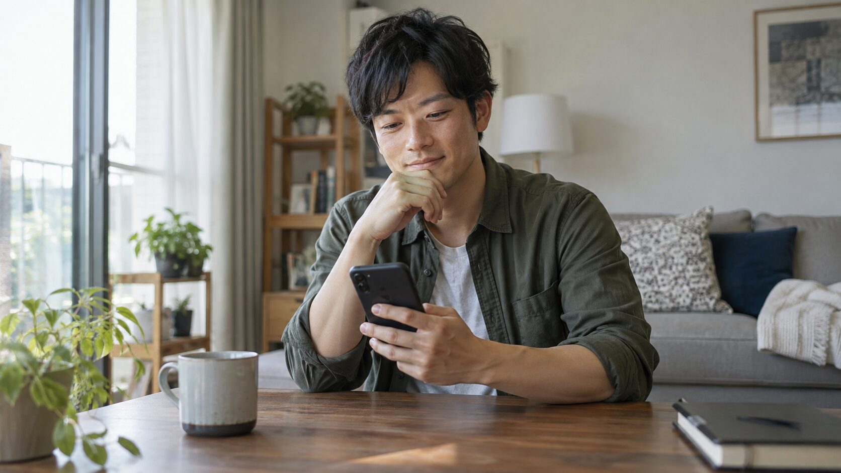 自宅でスマートフォンの返信を考える男性