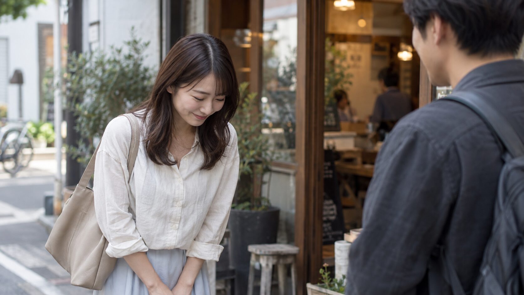 カフェの前で別れ際に会釈してお礼を伝える女性