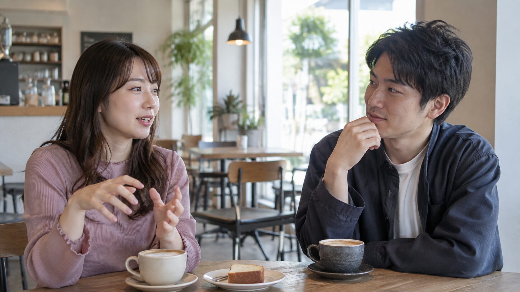 カフェで自分の考えを話し、男性と対話する女性
