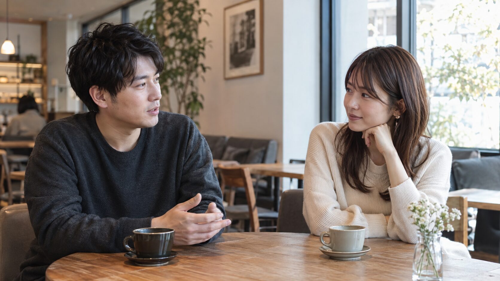 穏やかに希望を伝える男性と、その話を聞く女性