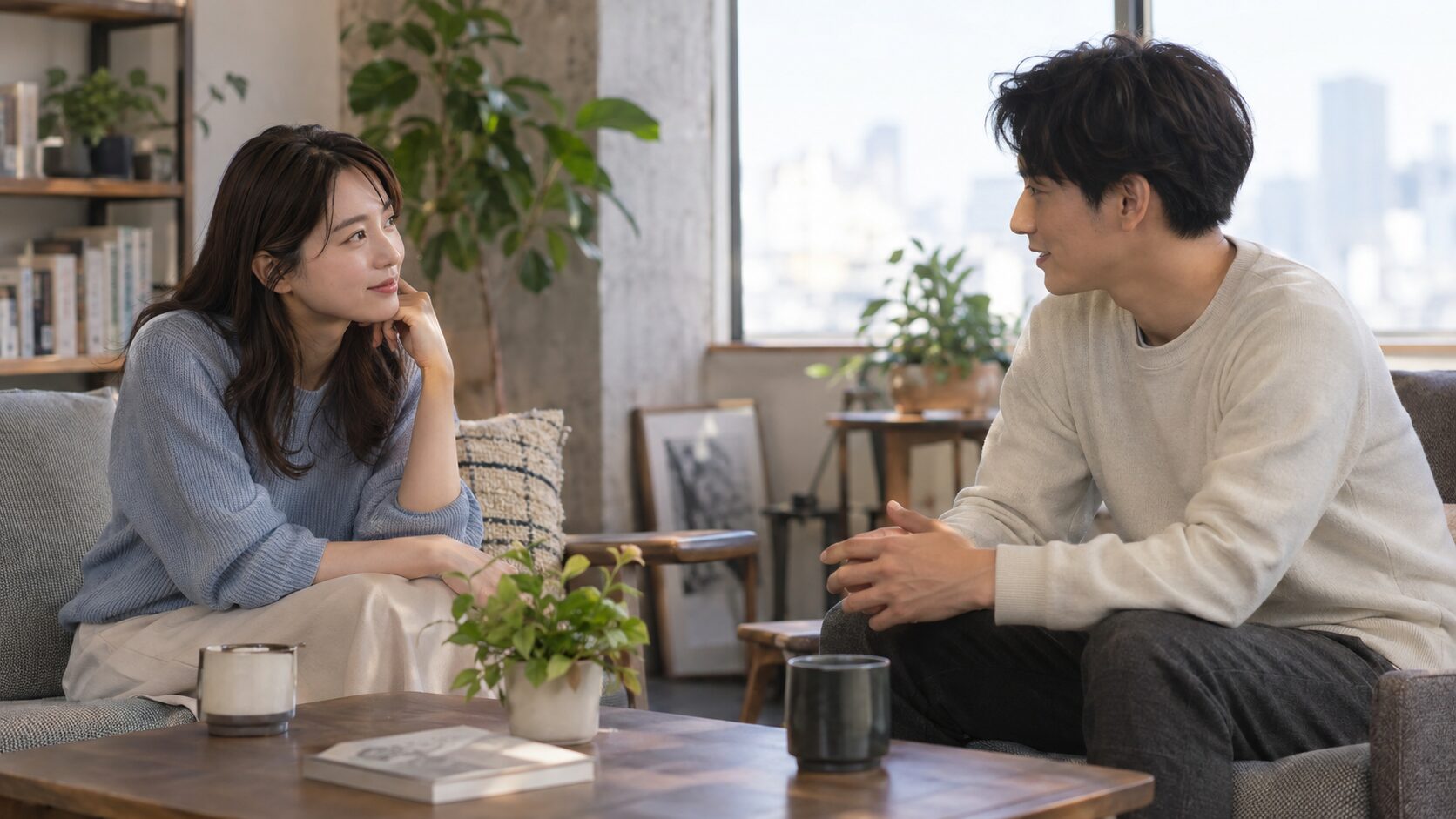 向かい合い、互いの話を落ち着いて聞く男女