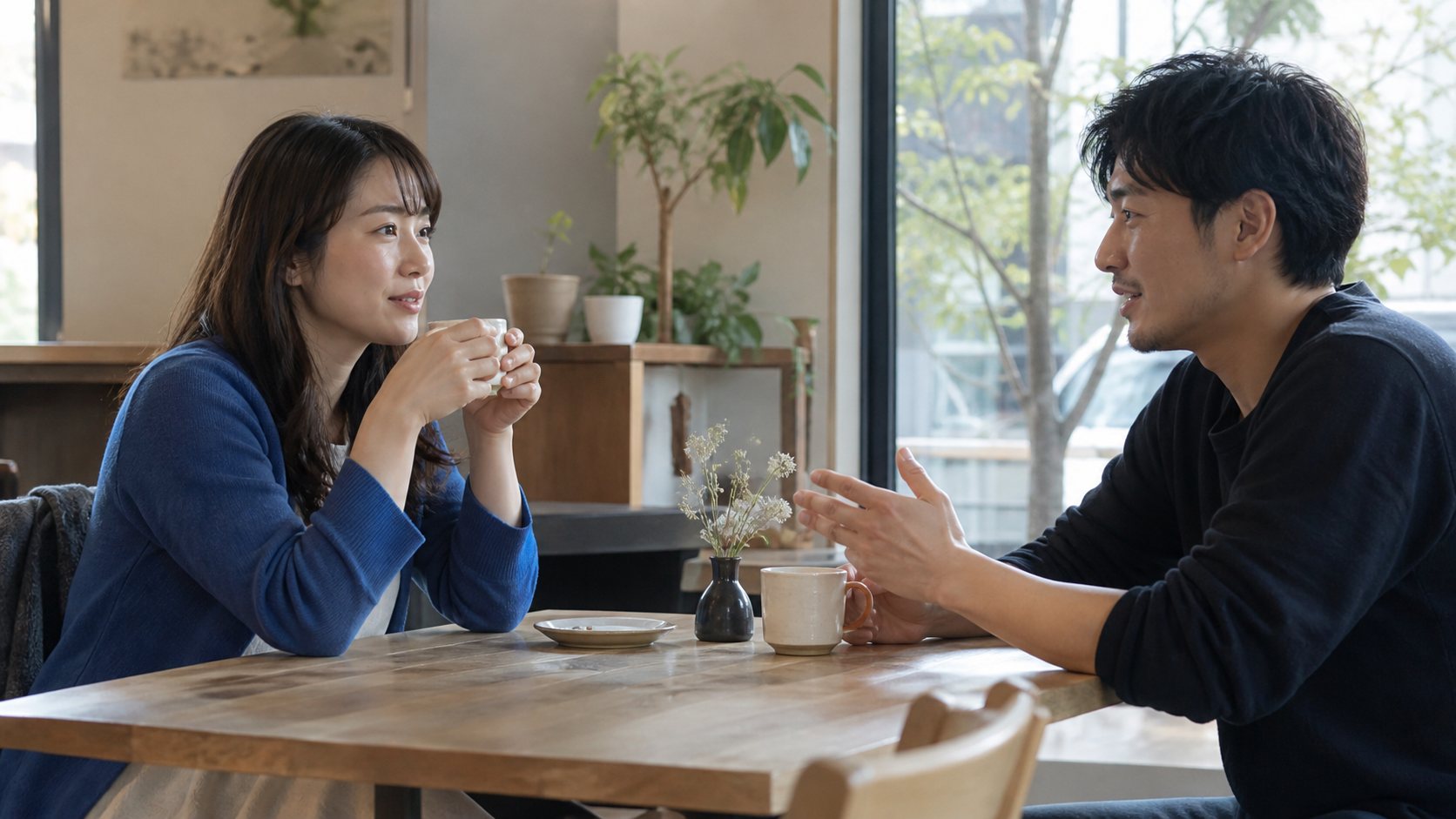 カフェで男性の話を聞きながら穏やかに会話する女性