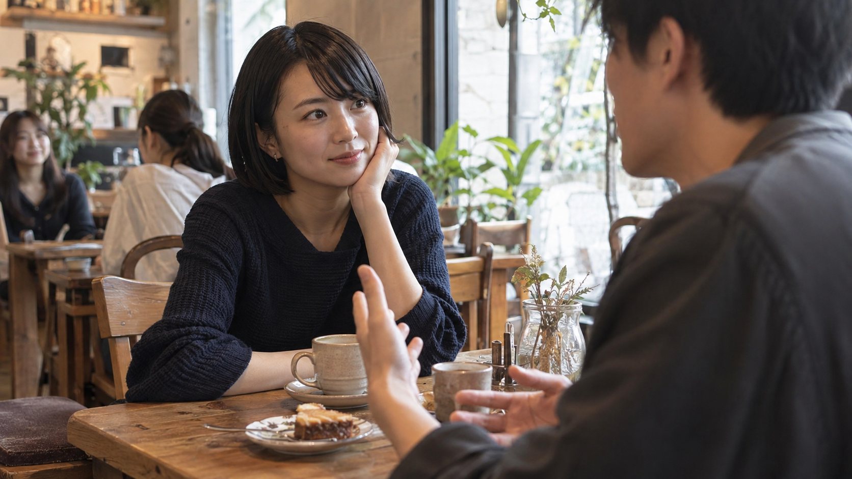 カフェで男性の話を穏やかな表情で聞く成人女性