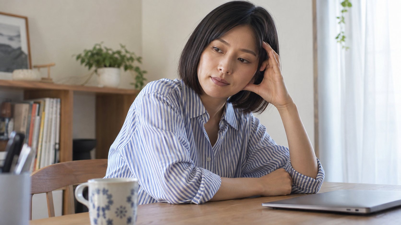 作業の合間に手をこめかみに添えて休む女性