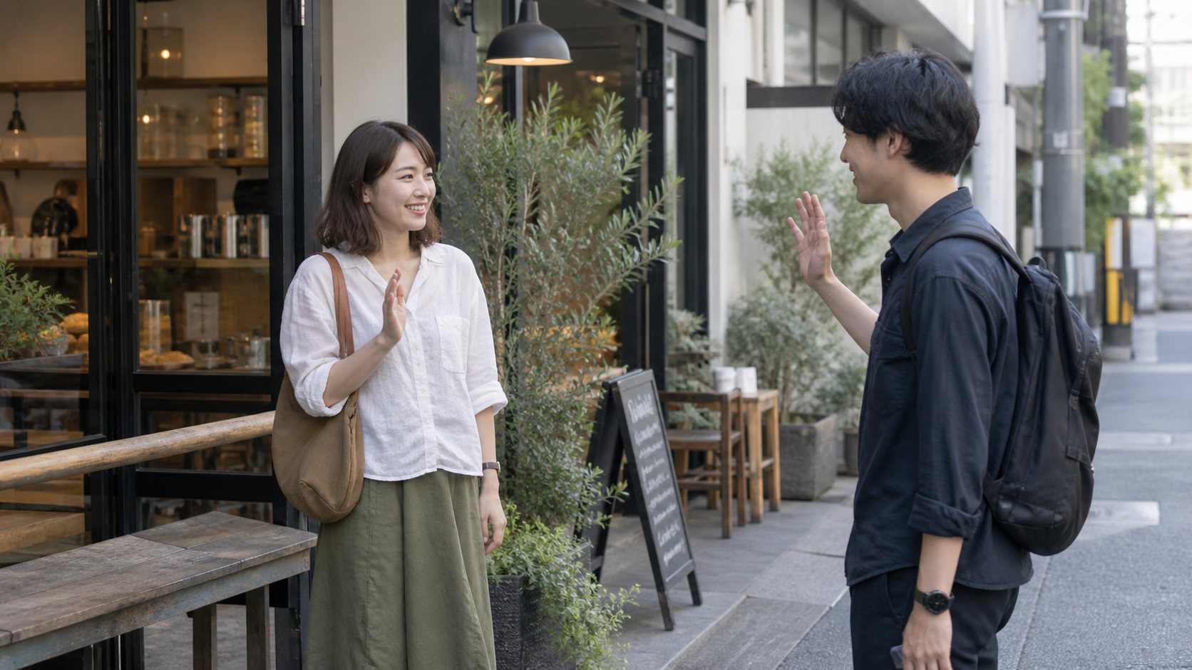 カフェの前で自然に挨拶を交わす男女