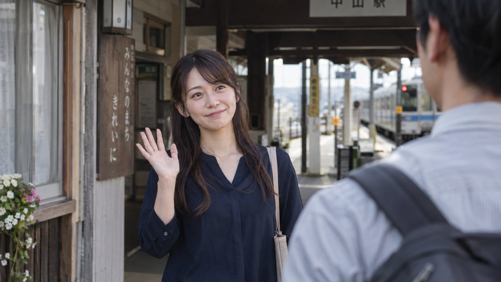駅前で男性に小さく手を振って別れの挨拶をする女性