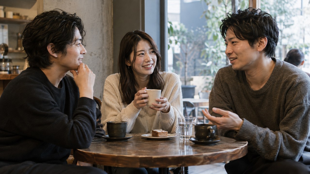 カフェで友人たちと会話を楽しむ女性