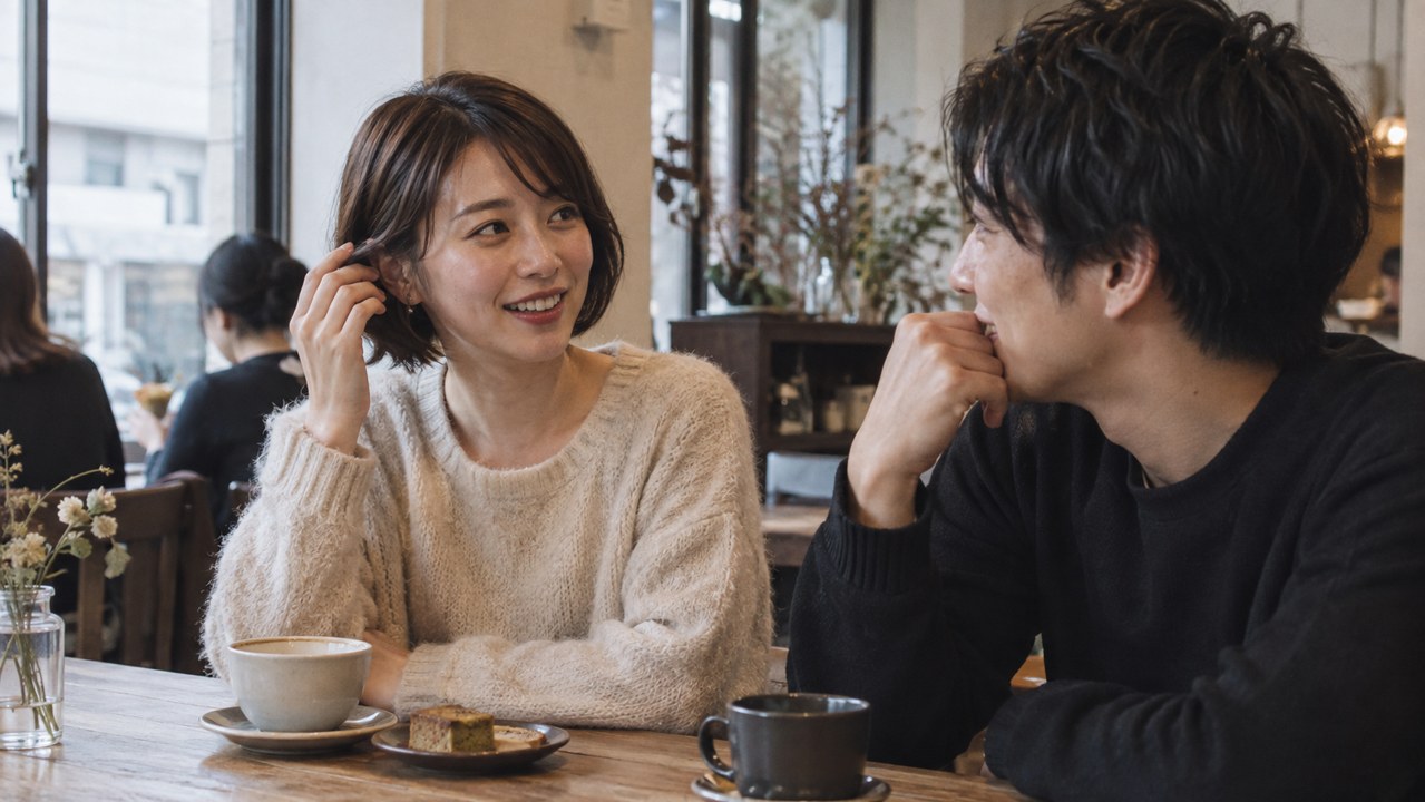 短く切った髪について男性と話す女性
