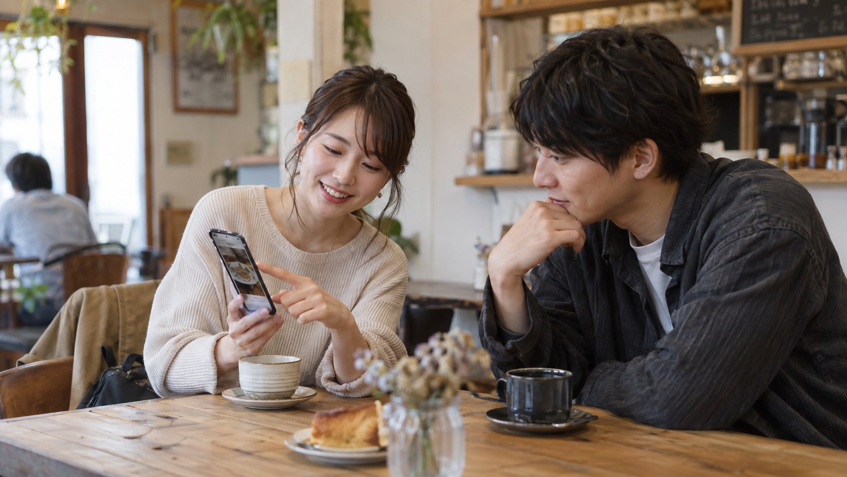 カフェで行きたい場所の写真を男性に見せる女性
