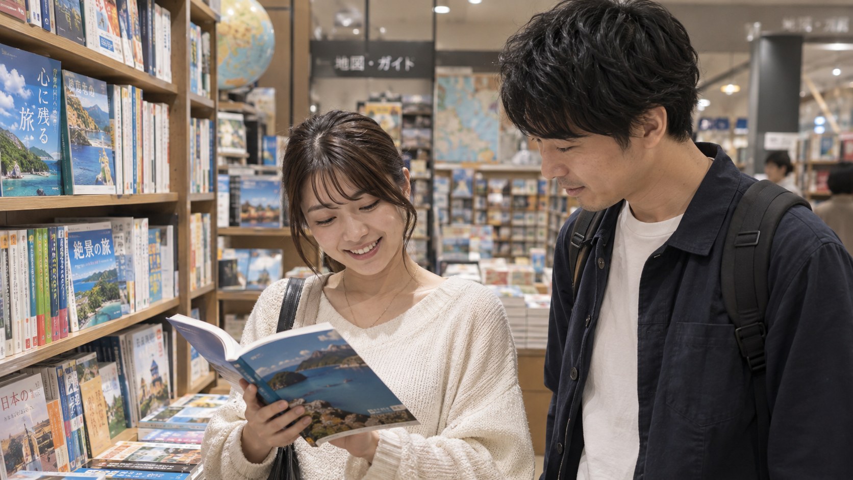 書店で旅行の本を見ながら話す男女