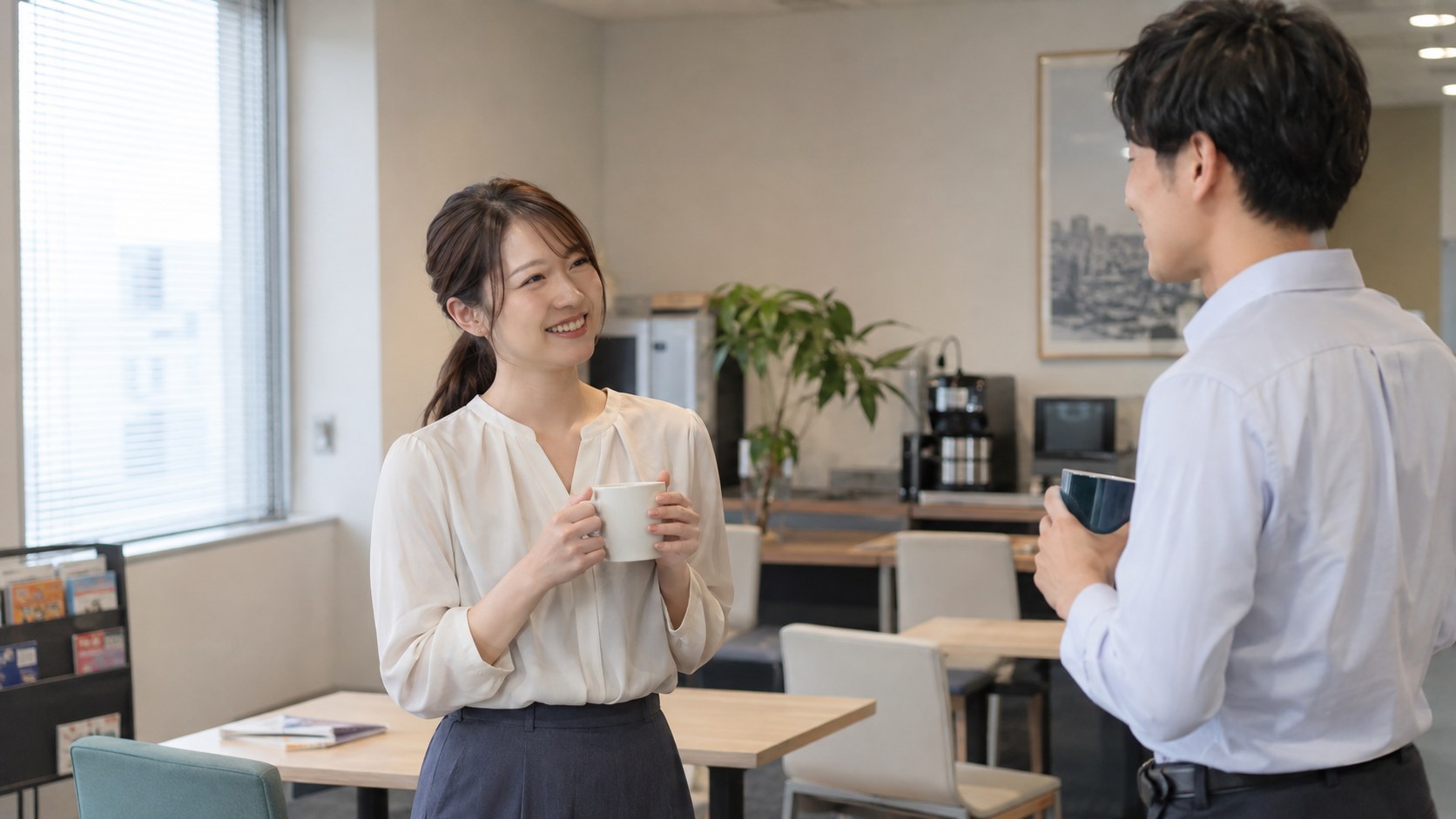 職場の休憩スペースで穏やかに挨拶する男女