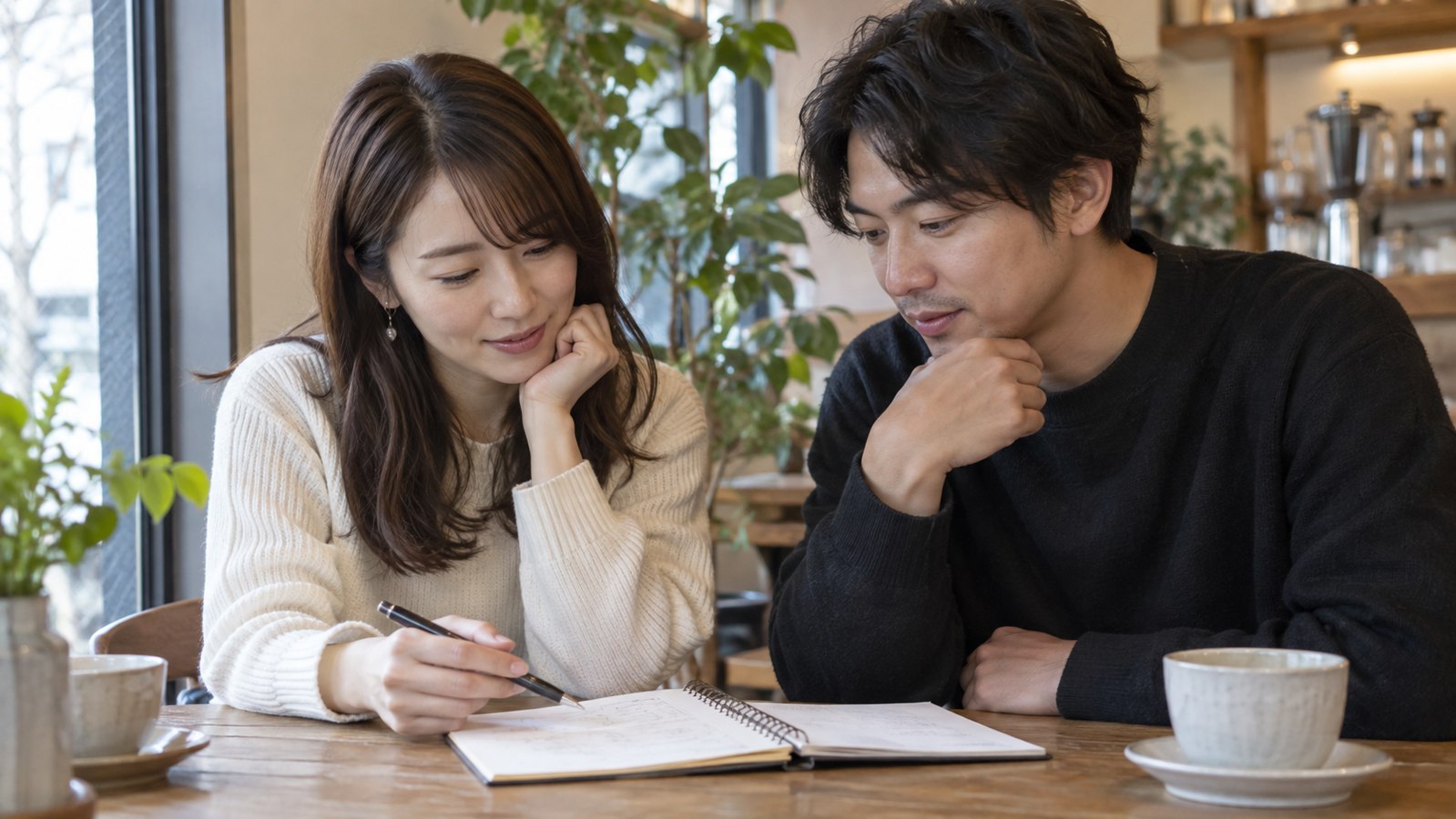 カフェで一緒に過ごす予定を相談する男女