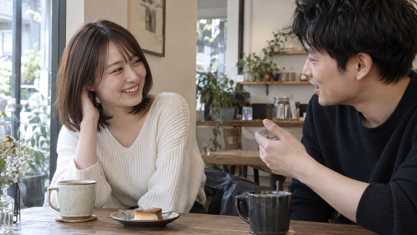 カフェで短く切った髪について話す女性と男性