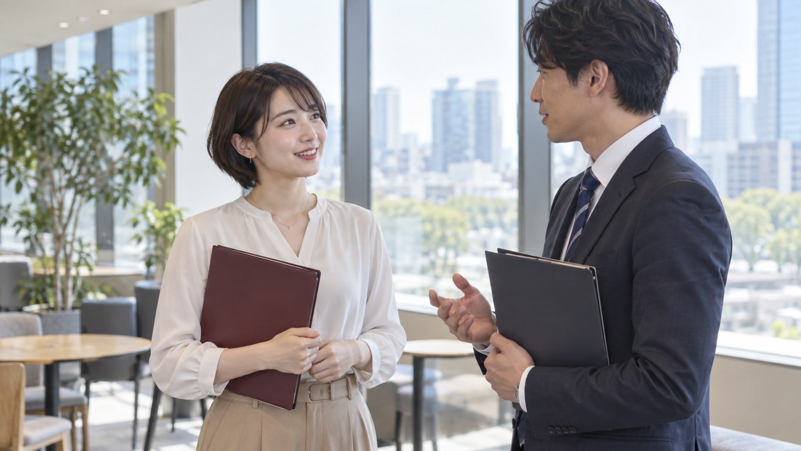 職場で髪型の変化を話題に会話する男女