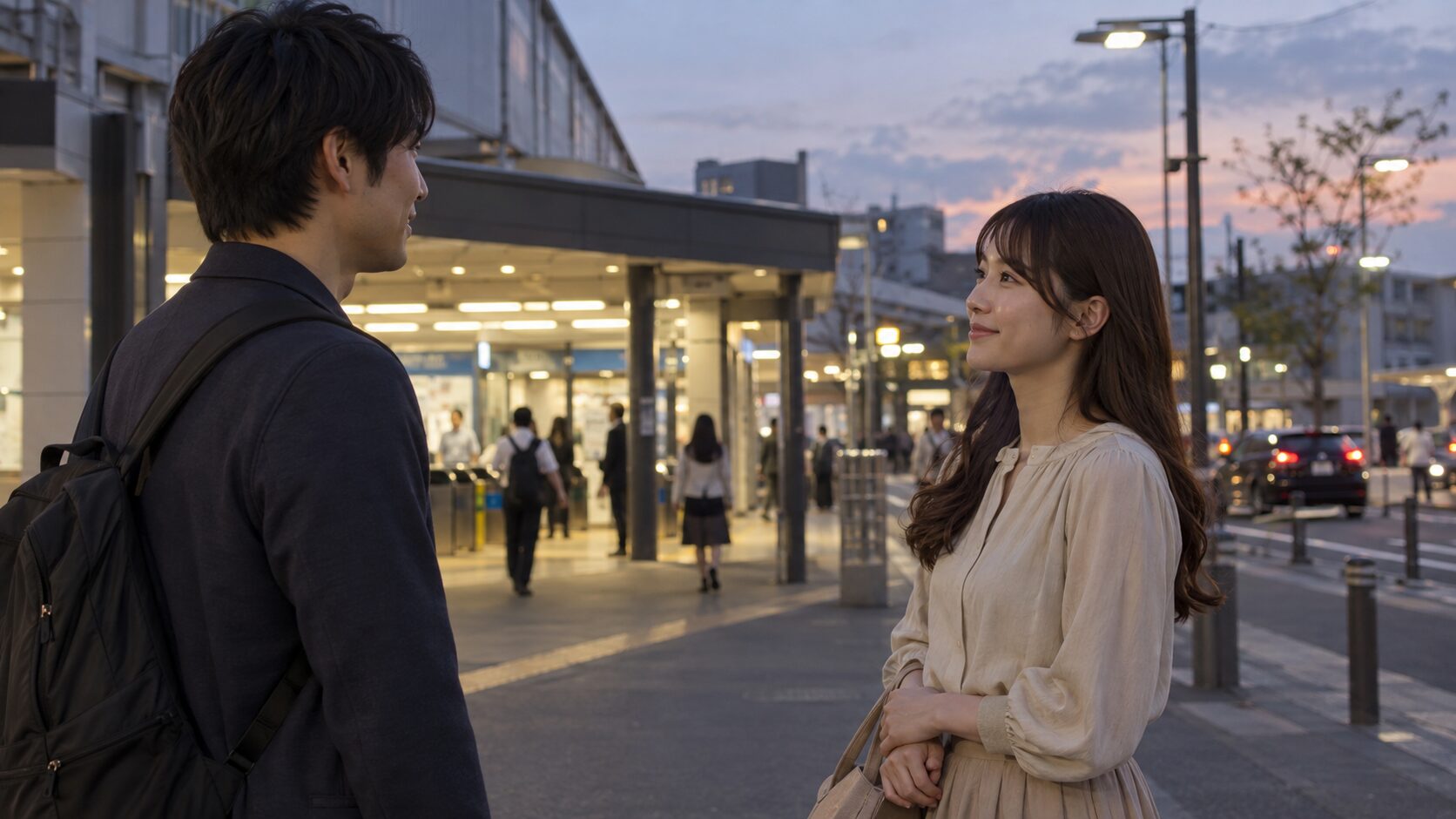 夕方の駅前で男性を気遣って見送る女性