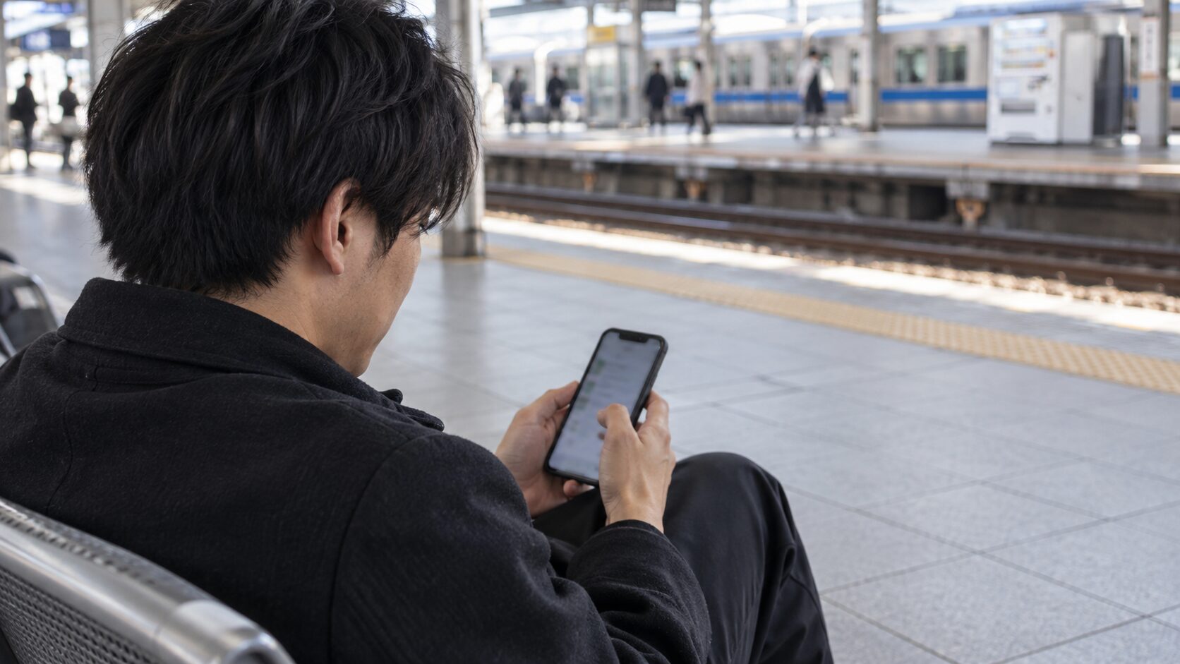 駅のベンチに座ってスマートフォンで返信する男性