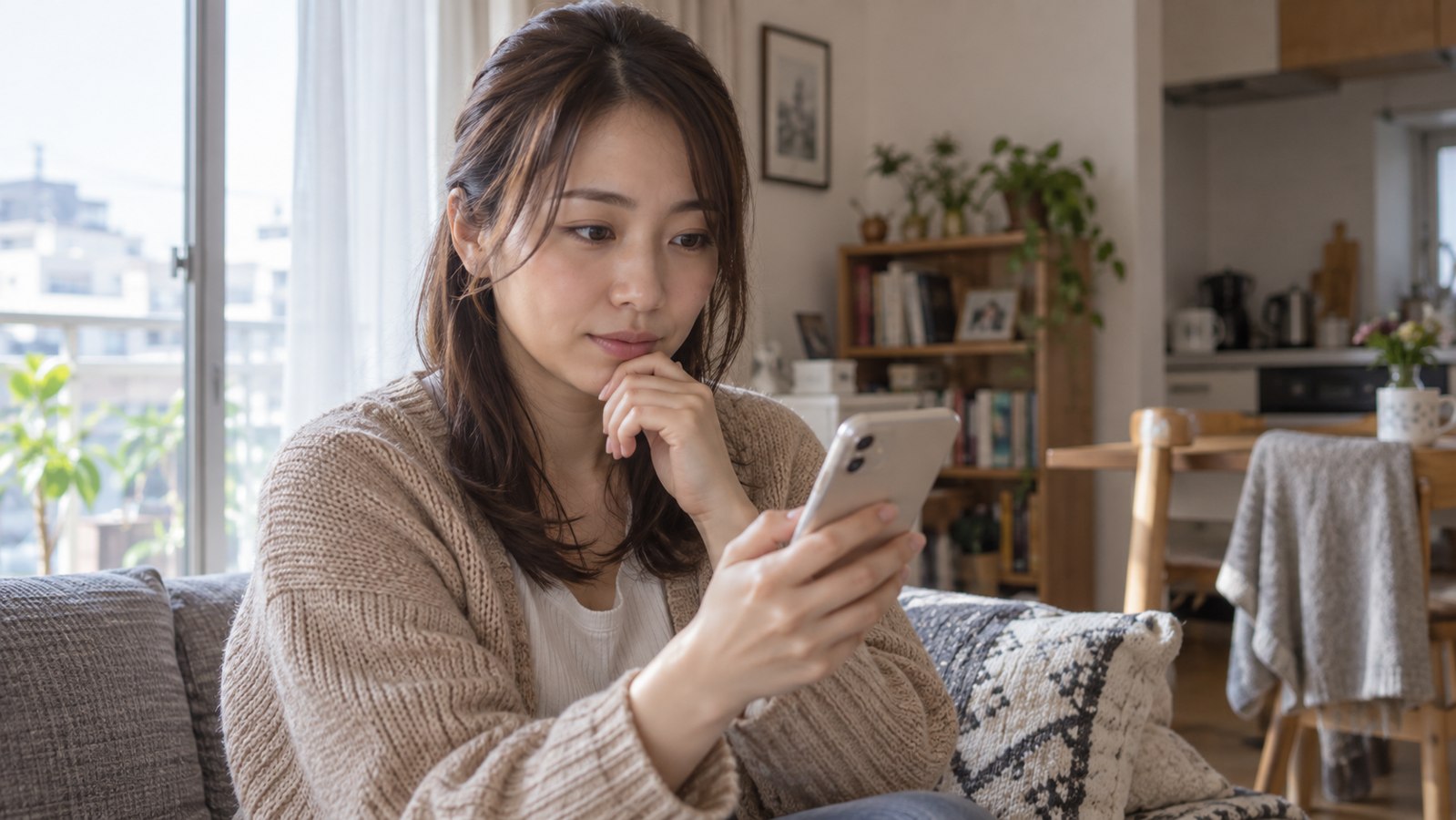 自宅で男性からのメッセージを確認する女性