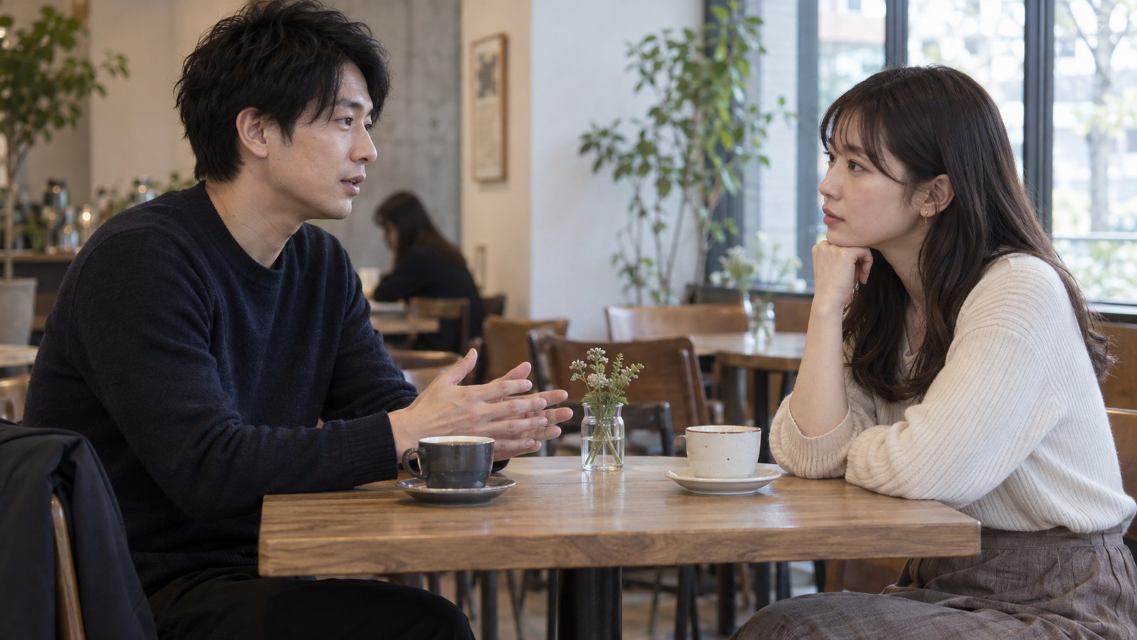 カフェで男性の話に耳を傾ける女性