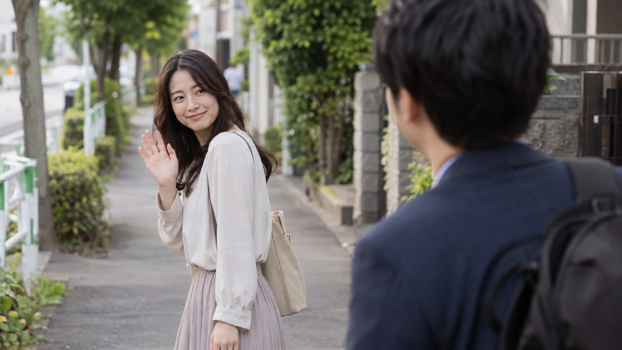 別れ際に男性へ手を振る女性