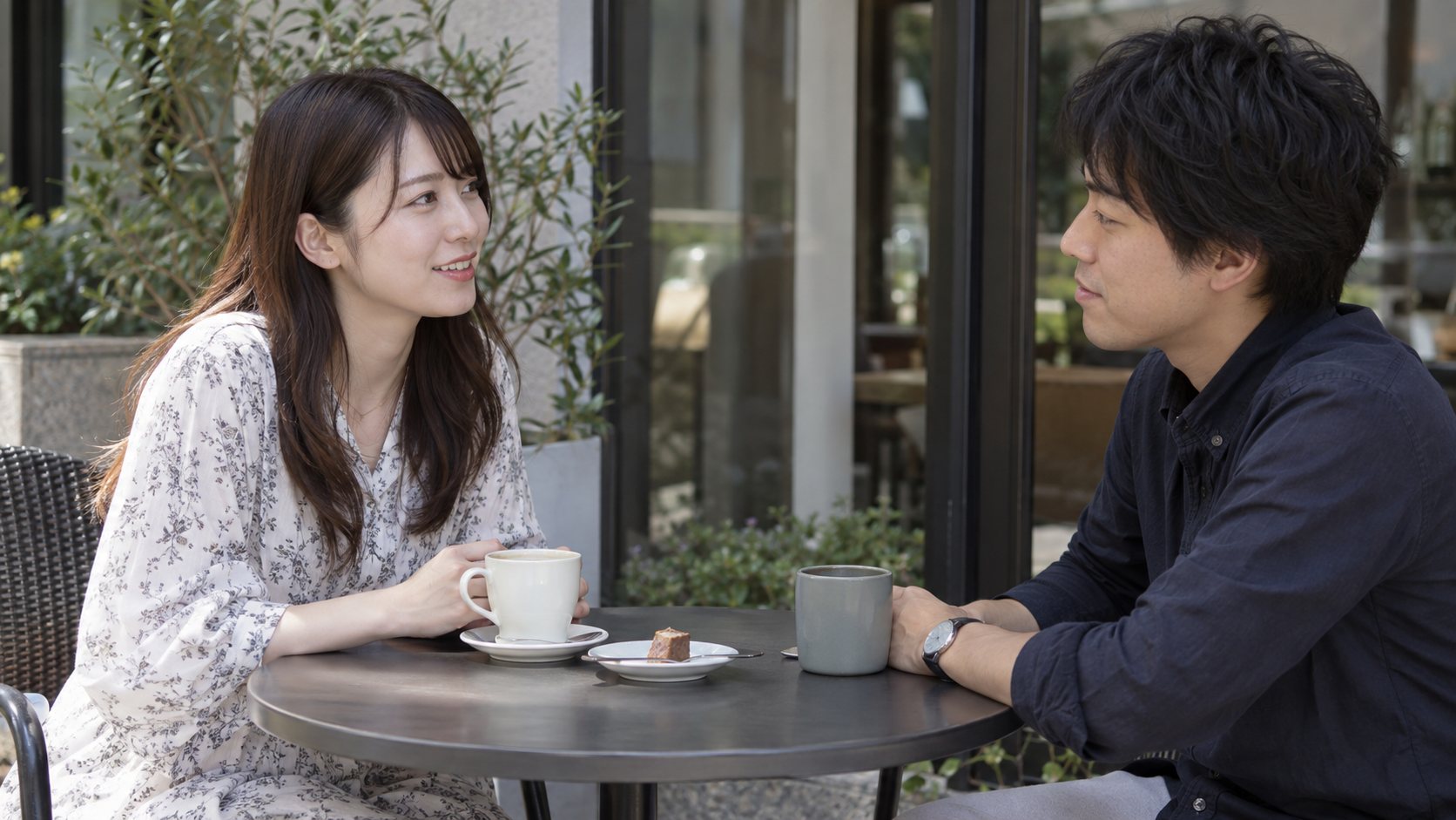 屋外のカフェで互いに話を聞きながら会話する男女