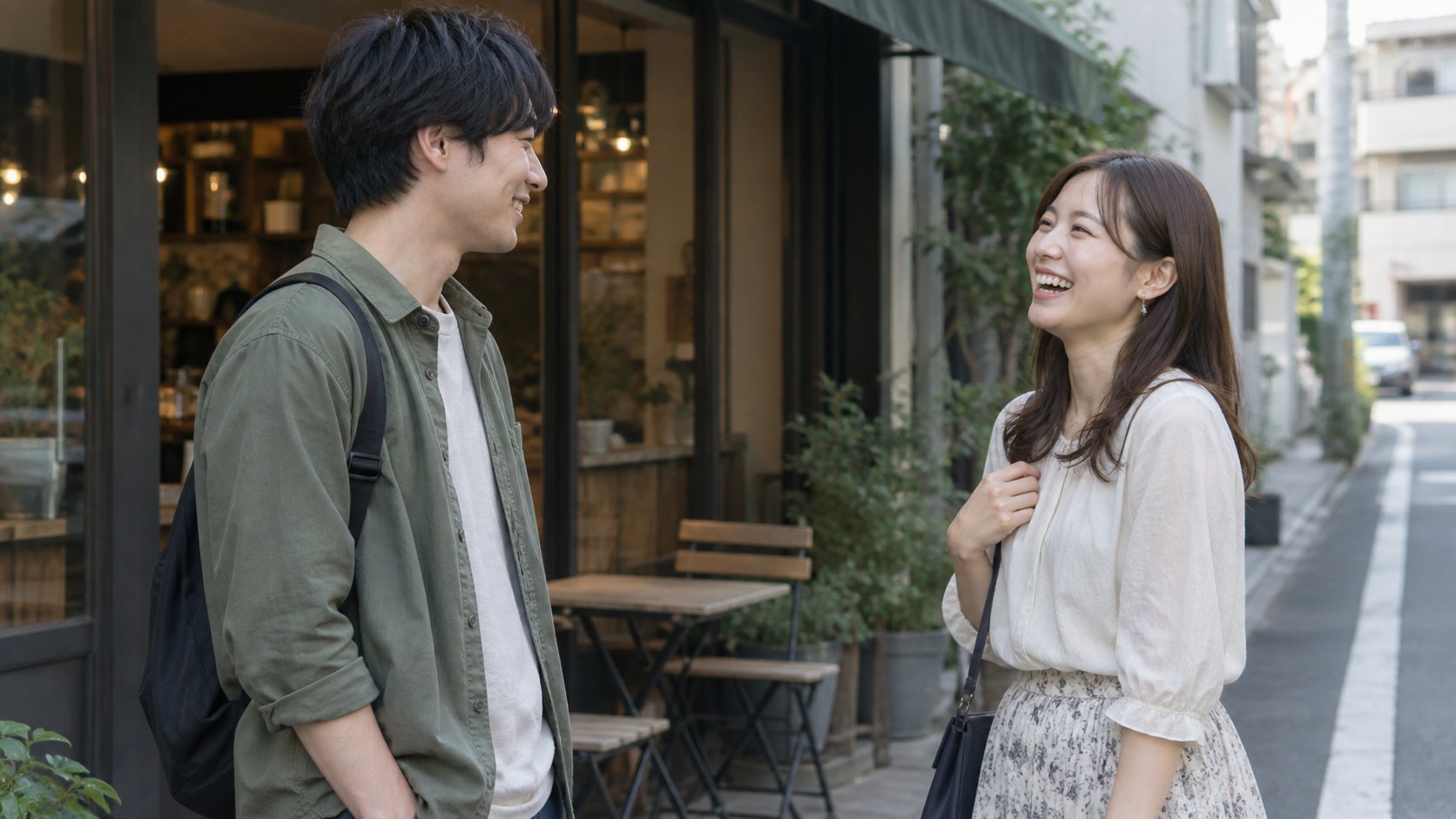 カフェの外で適度な距離を保って会話する男女