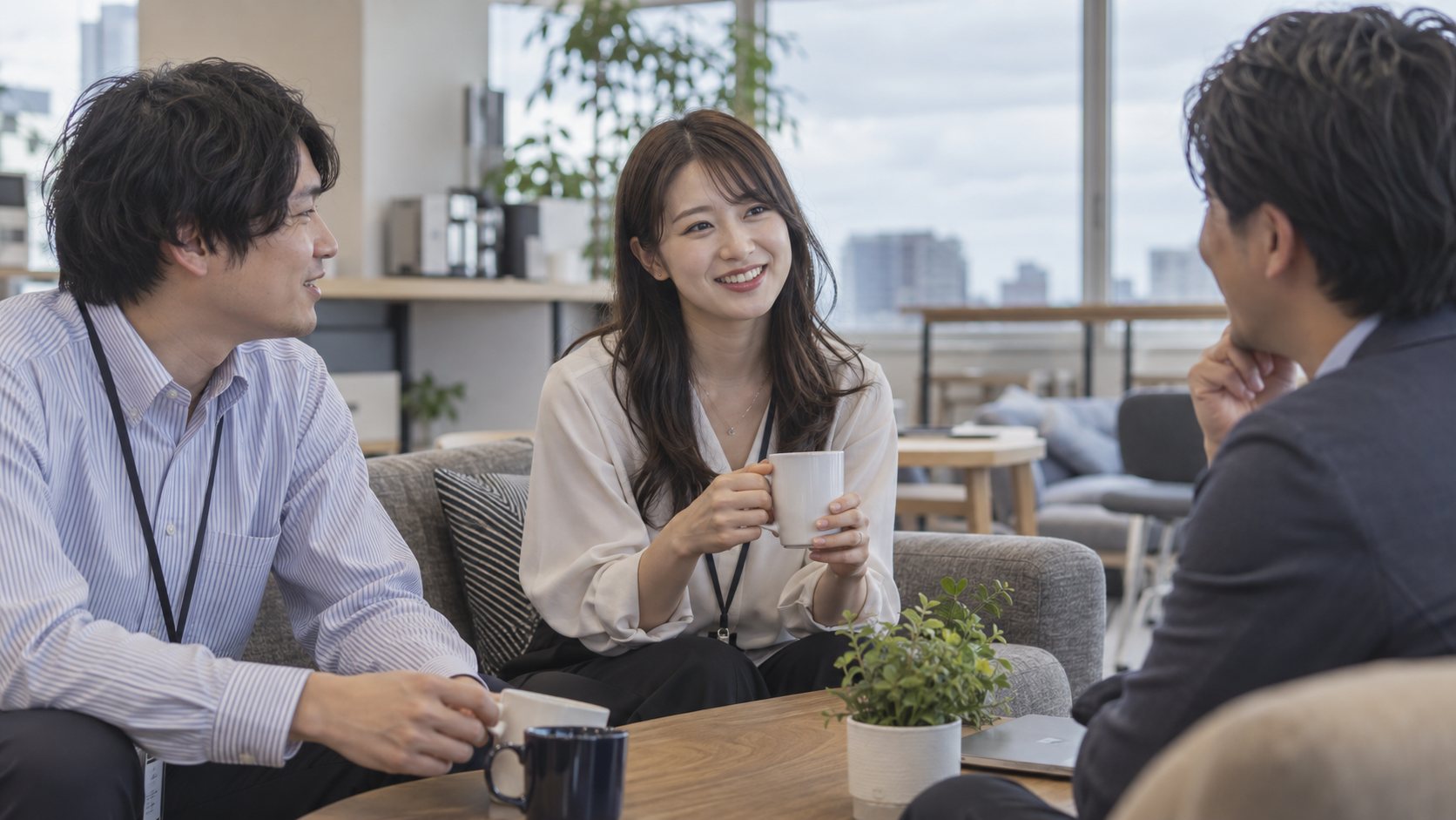 職場の休憩スペースで同僚の話を聞いて微笑む女性