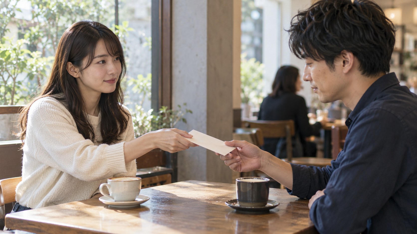 カフェで男性に封筒を渡す女性