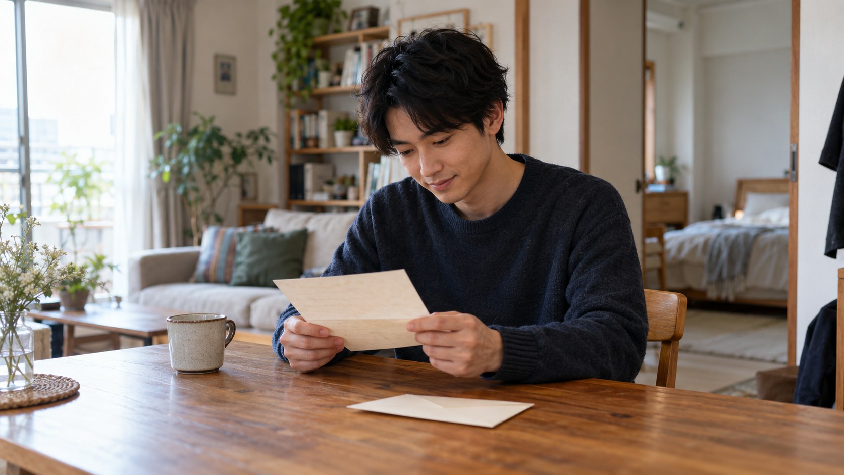 机で手紙を読み内容を受け止める男性