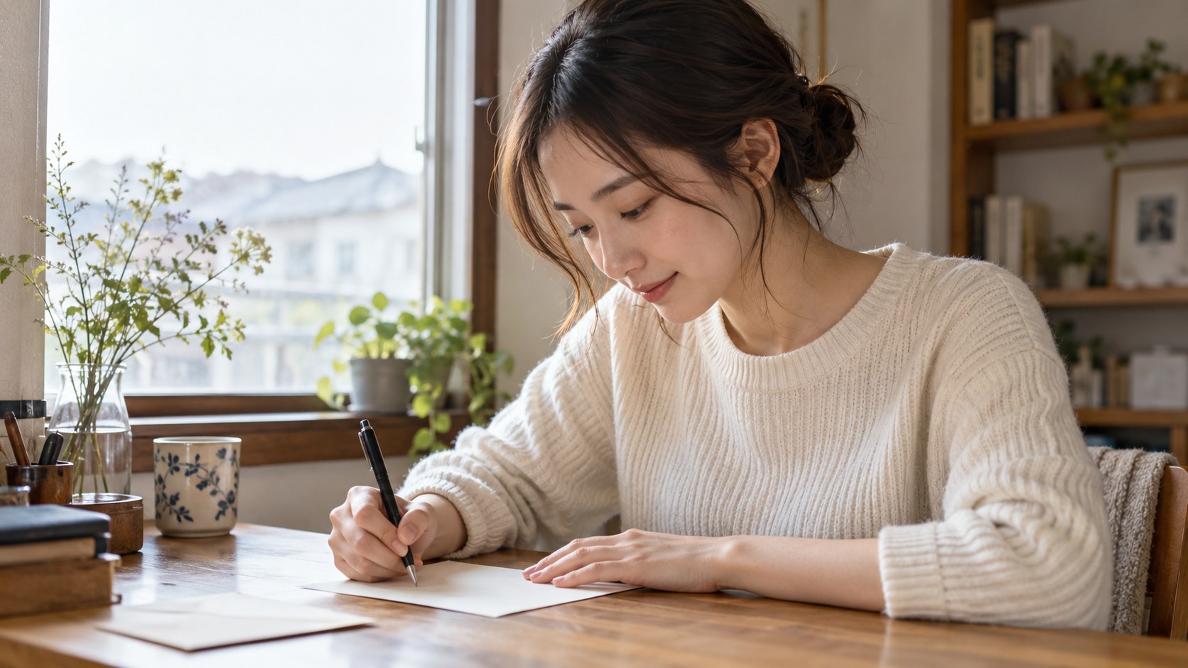 窓際の机で短い手紙を書く女性