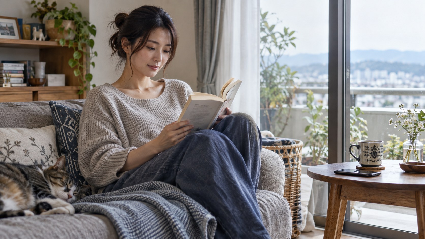 スマートフォンを置き読書を楽しむ女性