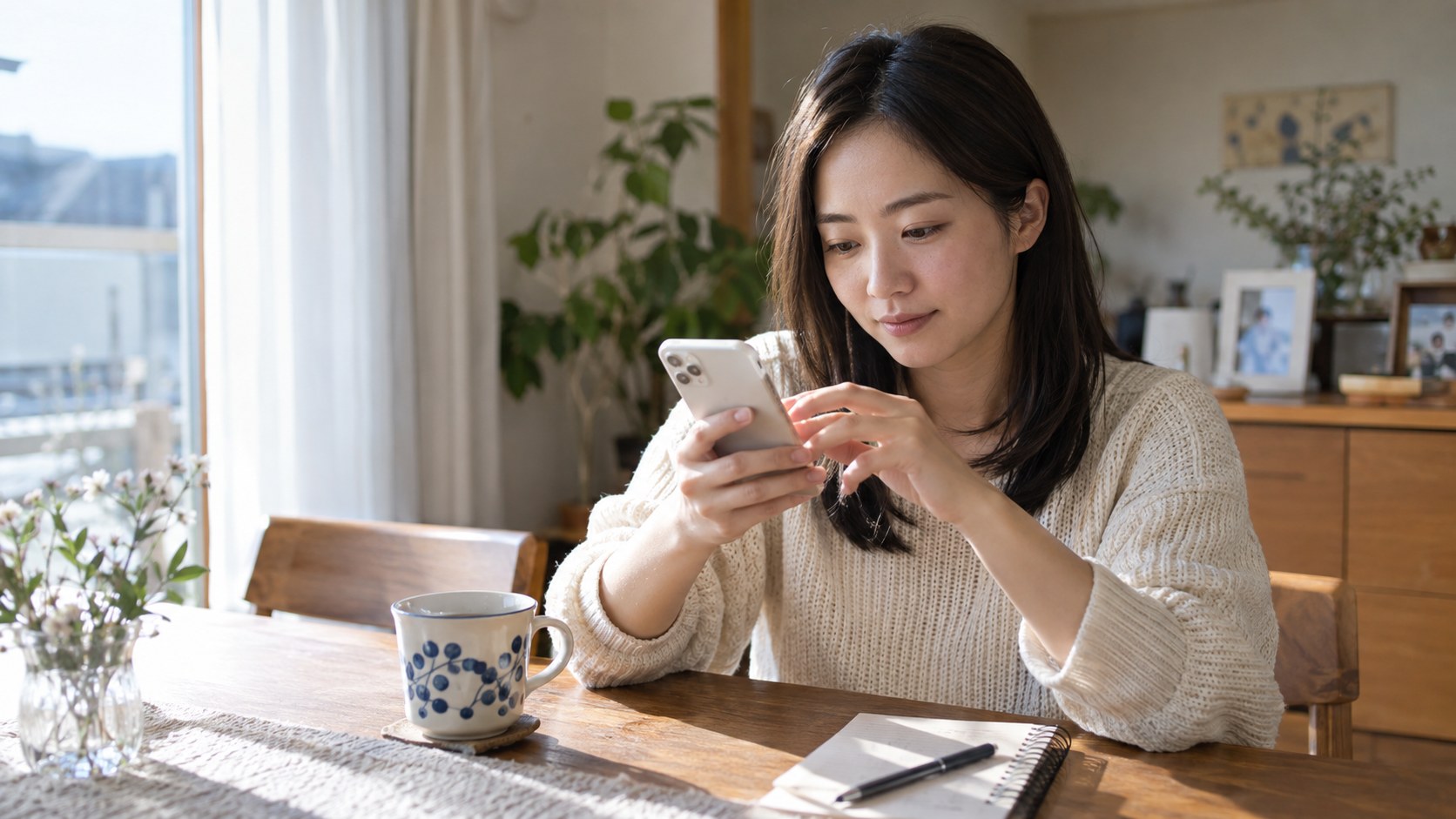 自宅でスマートフォンのメッセージに返事をする女性