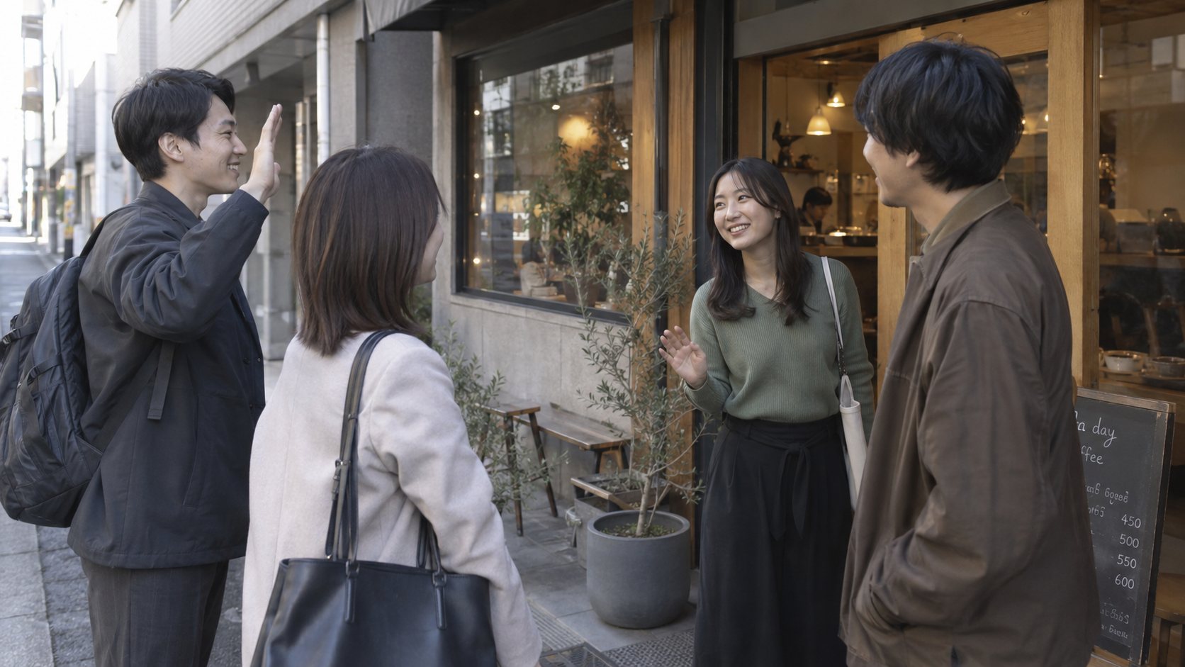 店を出る友人たちへ小さく手を振る女性