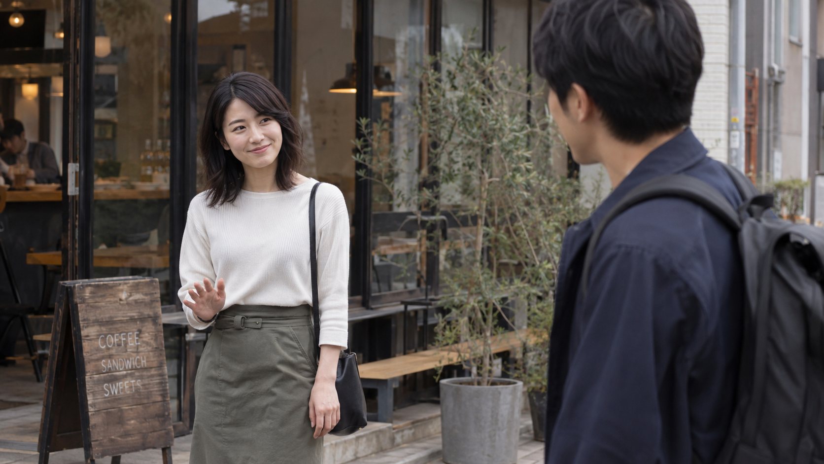 カフェの前で腰の近くから小さく手を振る成人女性