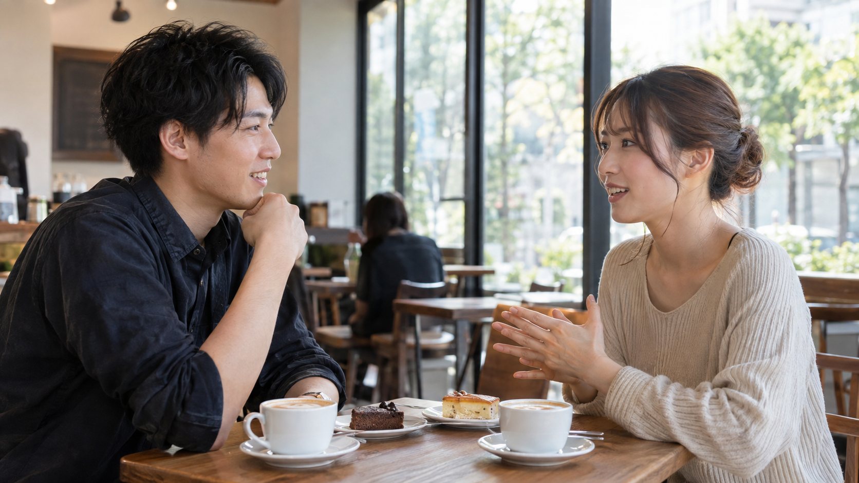 カフェで女性の話を聞きながら微笑む男性