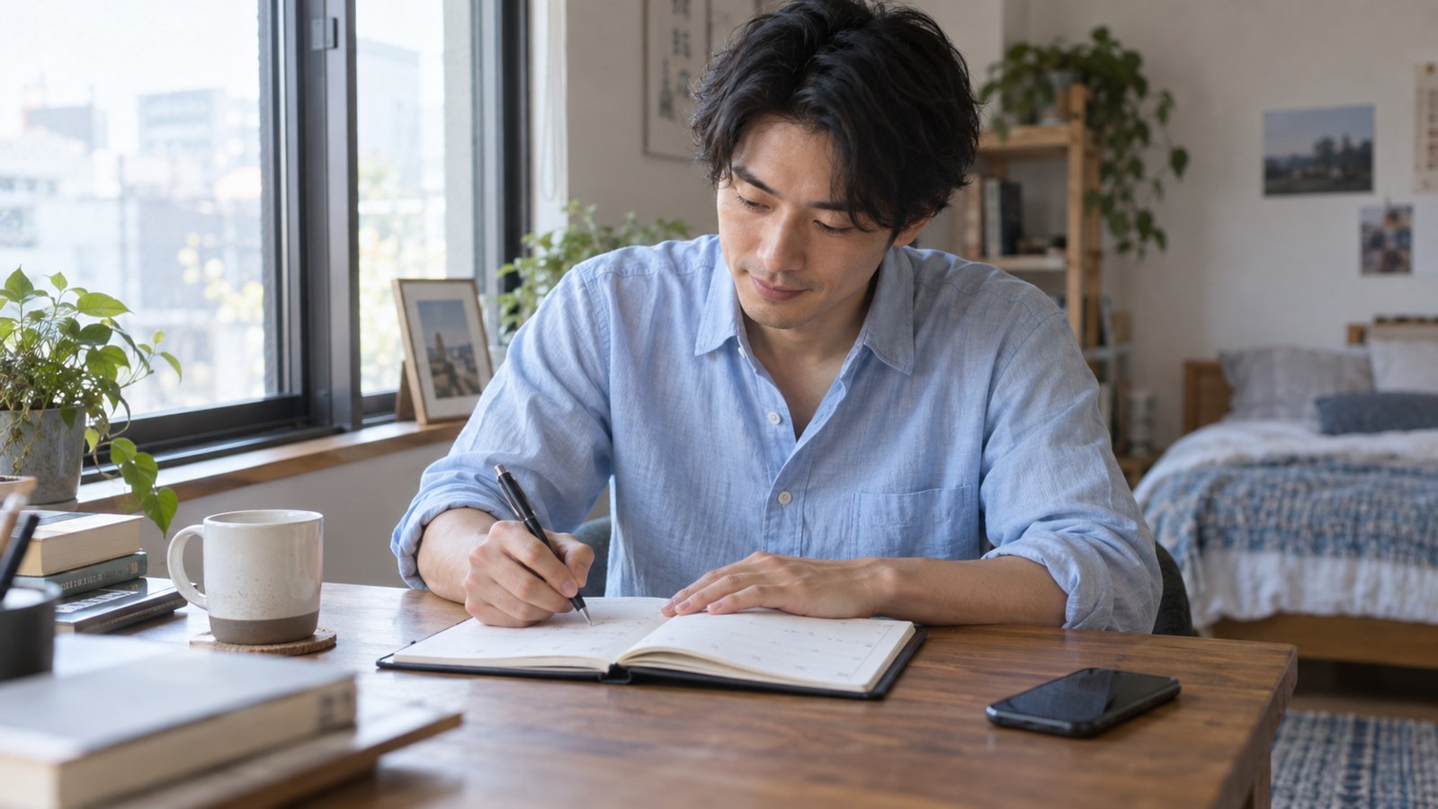 スマートフォンを置いて自分の予定を確認する男性